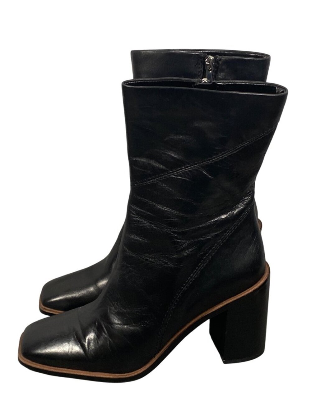Franco Sarto Stevie Black Leather Boots Square Toe Block Heel Size 9.5M Side Zip